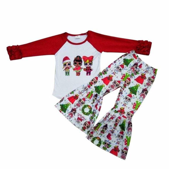 Girls LOL Christmas Long Sleeve Ruffle Shirt Bell Pants Outfit Gift Set Size 3T - Picture 2 of 2